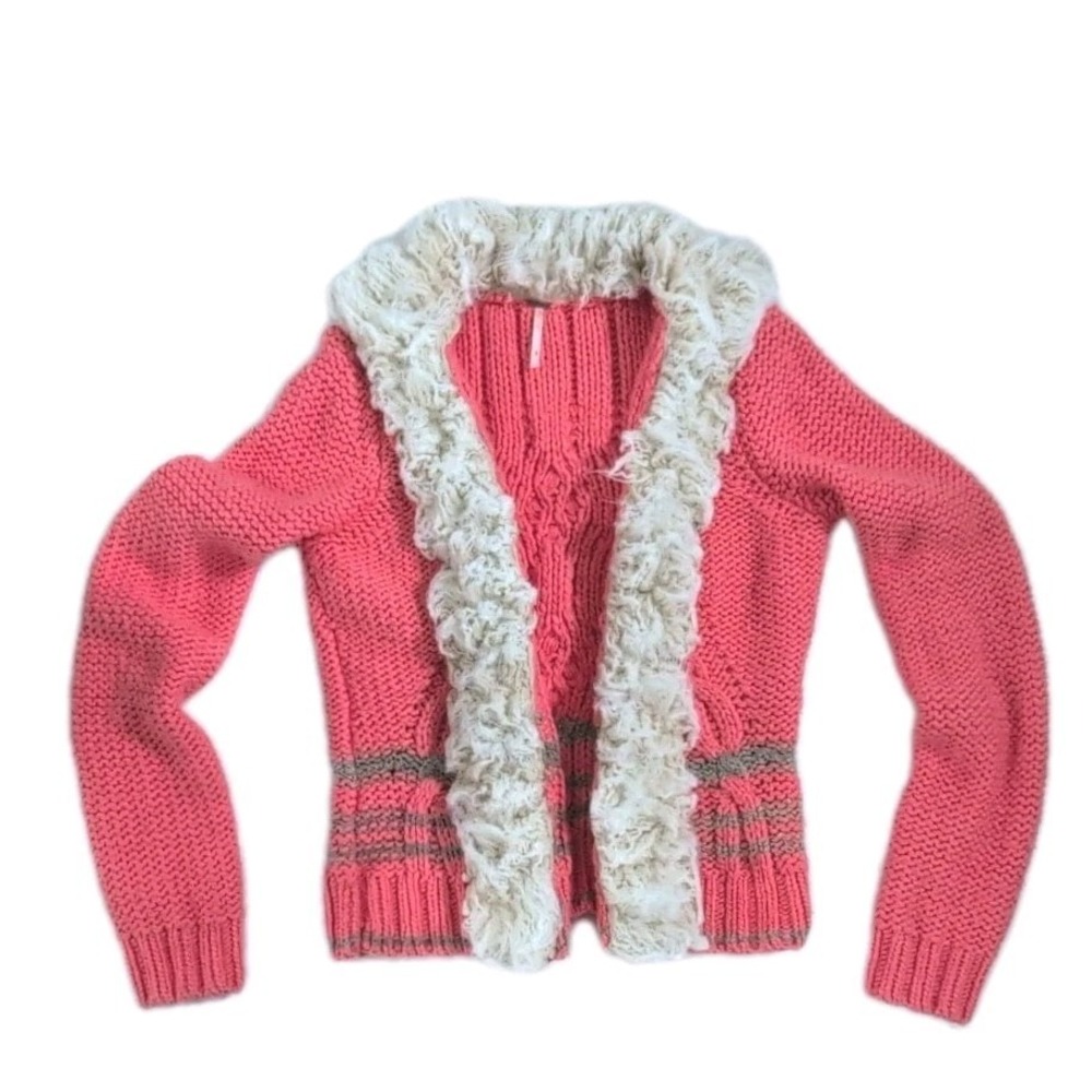 Free People Cardigan Coral Wool Blend Faux Fur Trim Long Sleeve Hook/Loop Size M